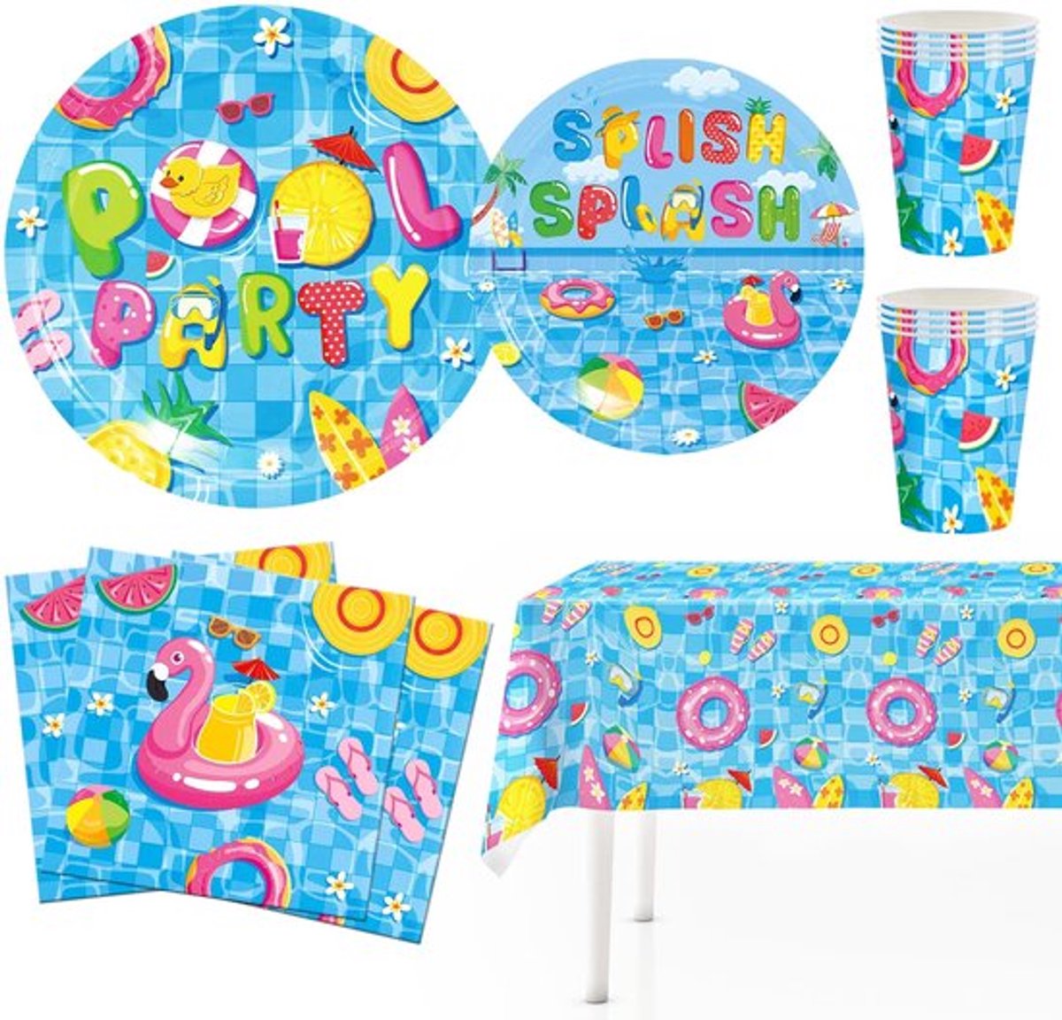 Zwembadfeest-set - Feestdecoratie - Voor 10 gasten - Kleurrijk - Verjaardag - Ideaal voor zwembaden - Inclusief borden en bekers