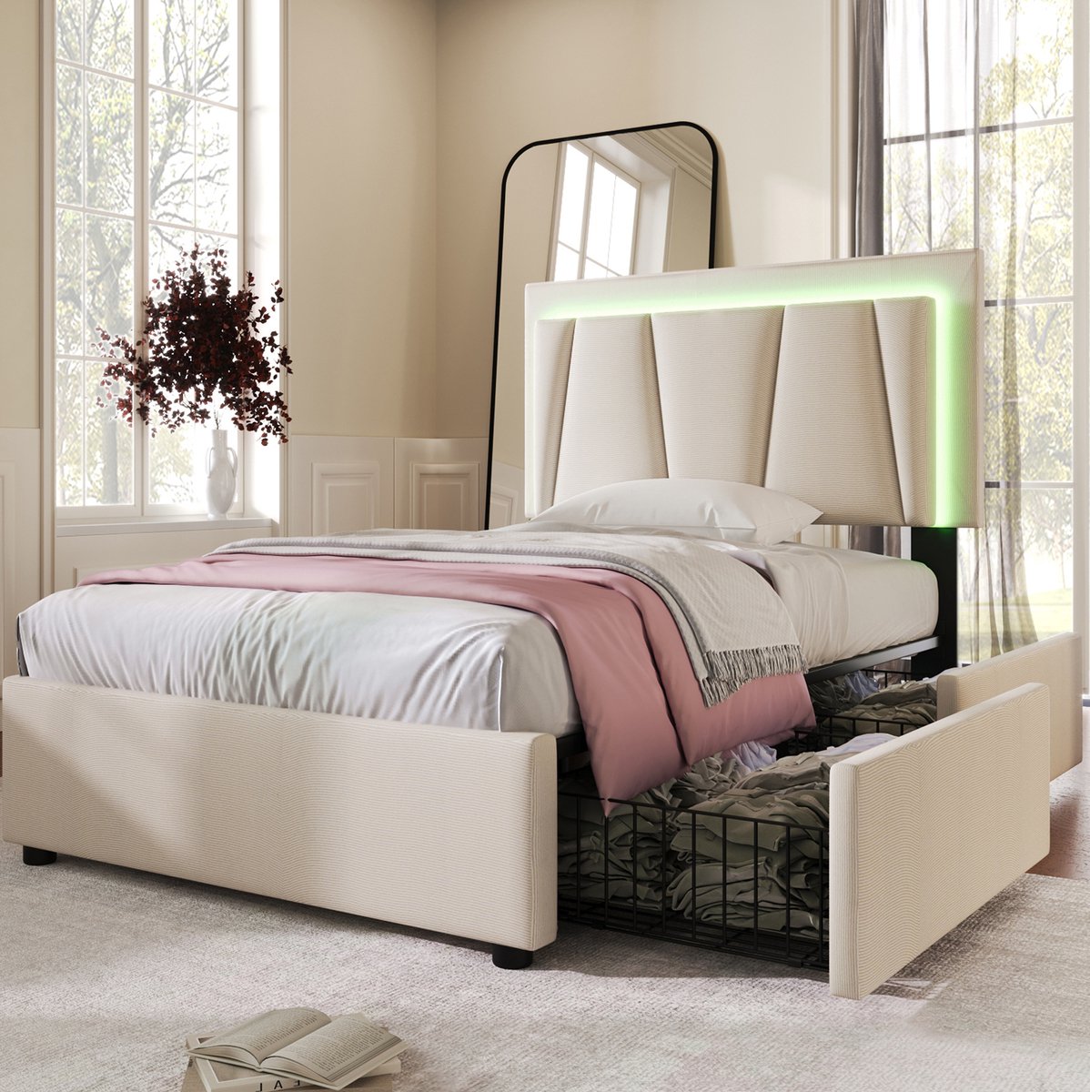 MODFU Bed - LED-Verlichting - Verstelbaar Hoofdeinde - 2 Lades - Eenpersoons - Beige