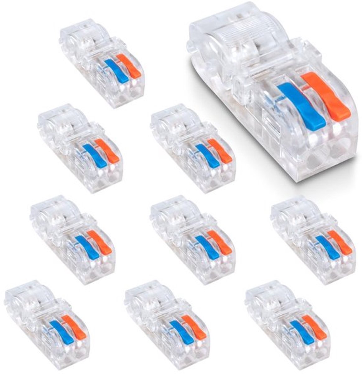 Set van 10 verbindingsklemmen met hendel voor 2 in 2 uit verbinding, geschikt voor 1,5-2,5 mm² geleiders