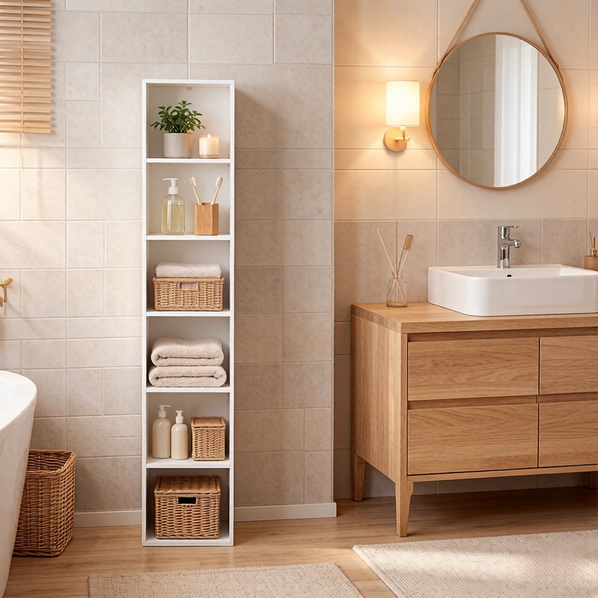 FloraGrace Boekenkast – 30 x 24 x 158,4 cm – 6 Open Vakken – MDF en Spaanplaat – Wit – Smalle Opbergkast voor Woonkamer en Kantoor