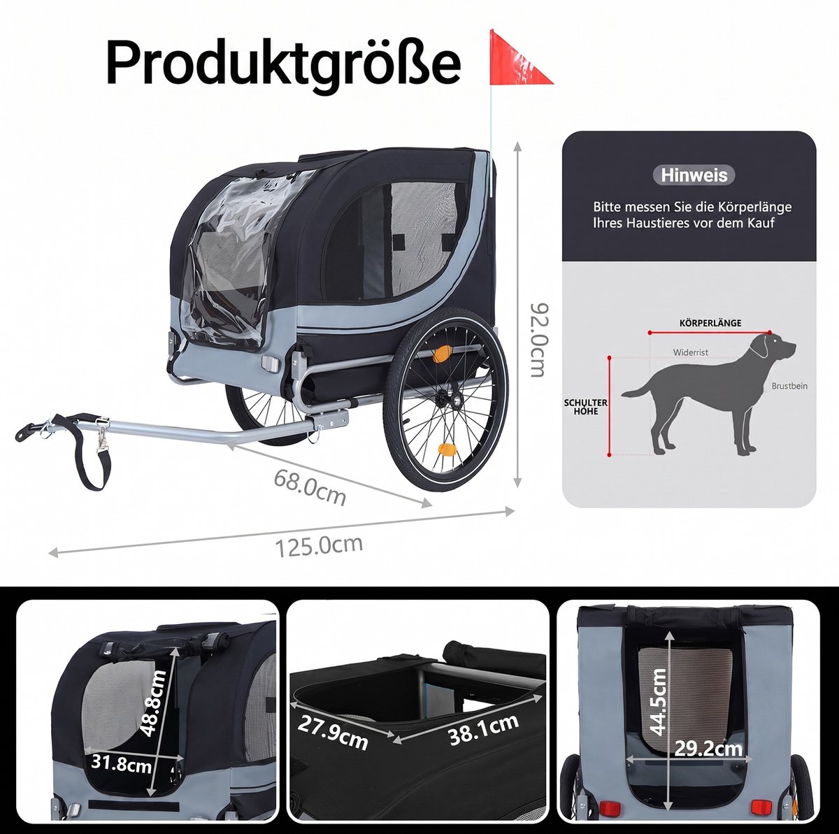 HAUSS SPOLE Hondenfietskar – 125 x 68 x 92 cm – Opvouwbaar – Staal En Oxfordweefsel – Zwart Grijs – Met Regenhoes En Muggengaas