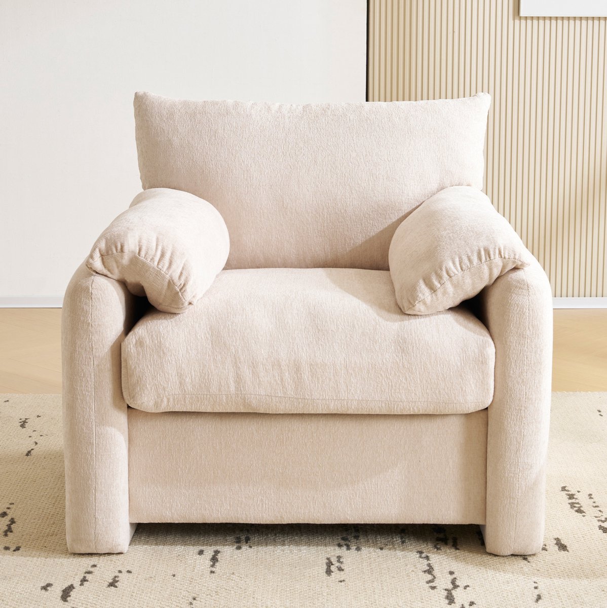 COVREO Fauteuil 96 x 82 x 84 cm - beige chenille, brede zitting en armleuningen