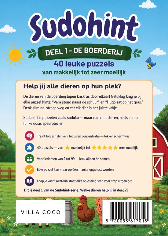 Voorpagina van Sudohint deel 1, 'De boerderij', met 40 puzzels. Zonnig landschap met boerderijdieren.
