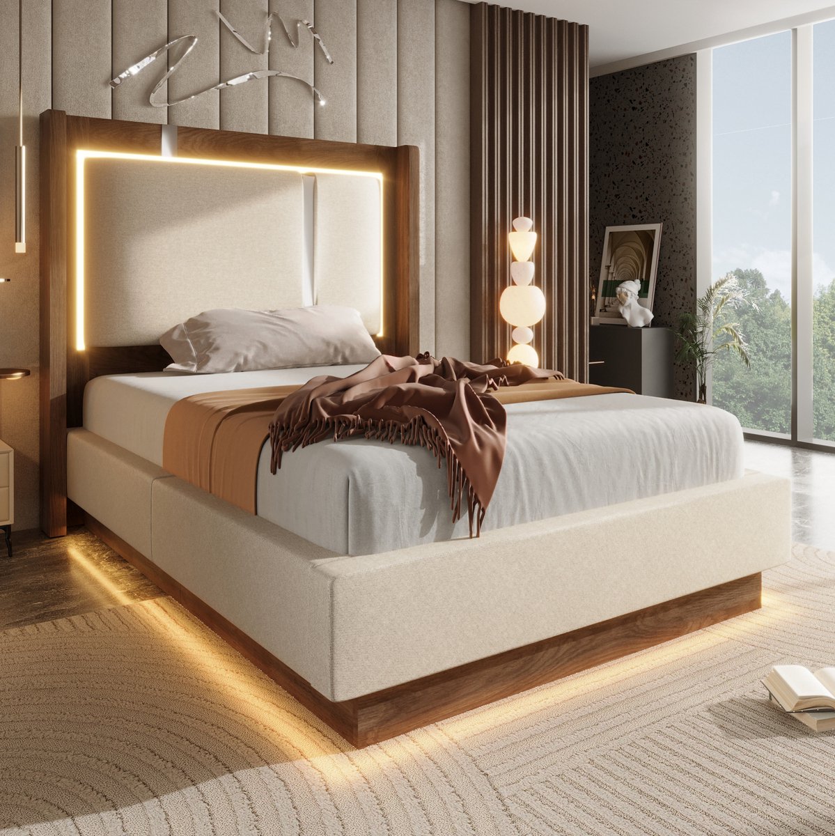 MODFU - Bed - Opbergruimte - Met Verlichting - Beige - Walnoot - Eenpersoons - 90 X 200 Cm