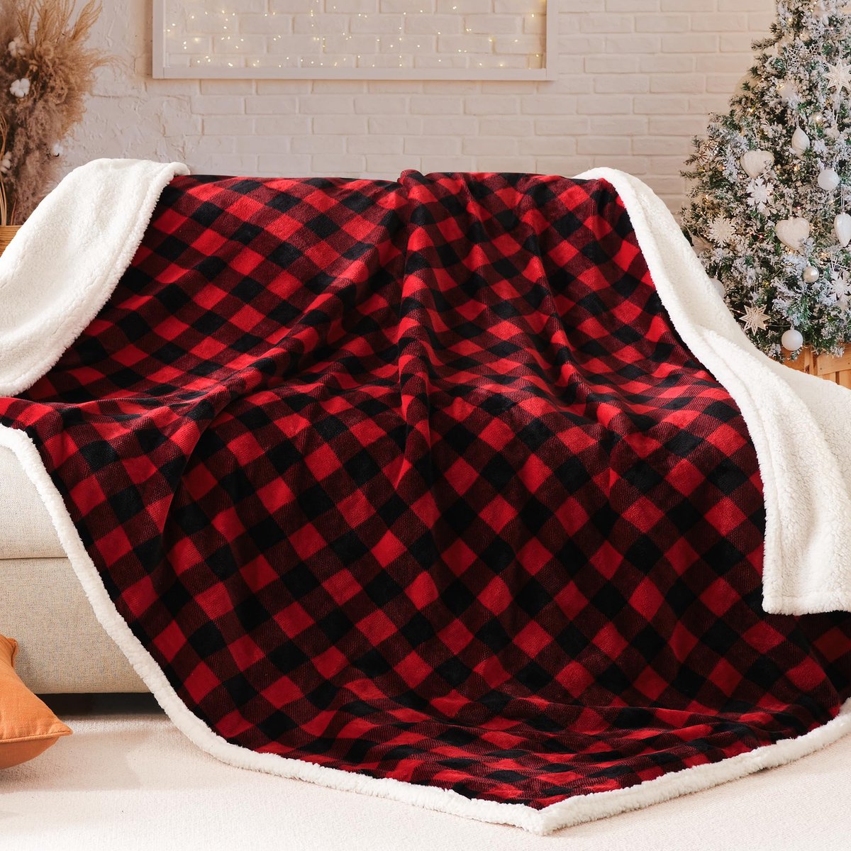 SnelShoppen - Sherpa fleece deken, super zachte warme buffalo geruite pluche dekens en plaids, lichtgewicht donzige deken voor bank en slaapbank (rood