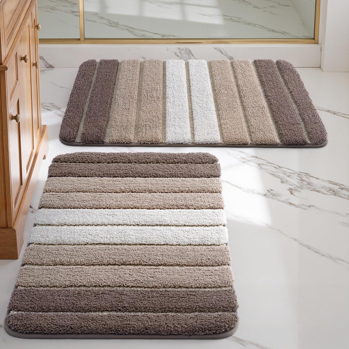 SnelShoppen - Badmat Set van 2 Stk Antislip Badkamer Vloermat 50 x 80 cm Microvezel Beige, Absorberend Water, Machinewasbaar, Badkamer Accessoires