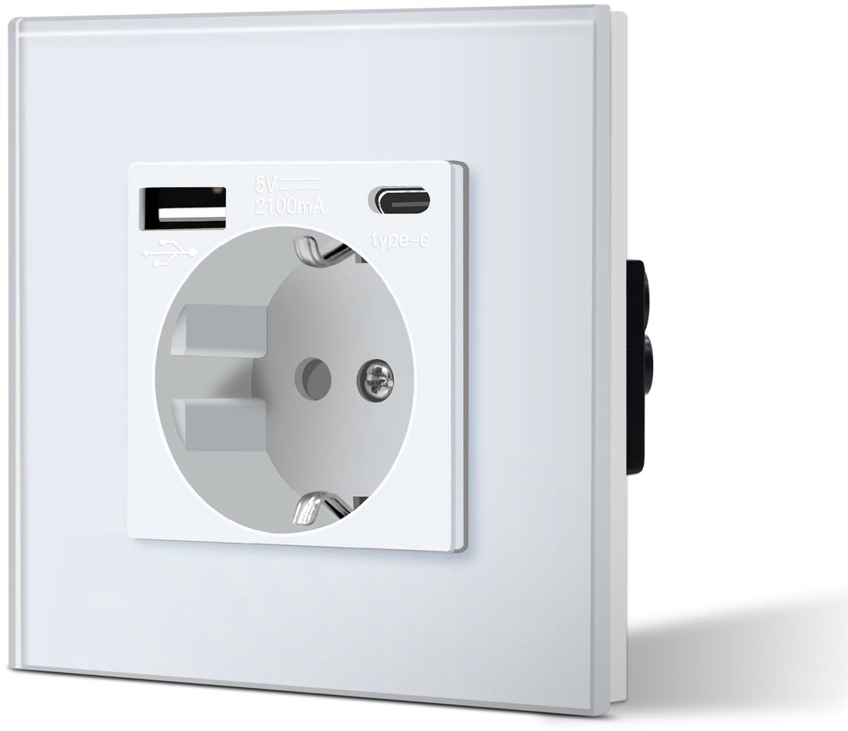 SnelShoppen - Schuko stopcontact met glas wit frame 3-in-1 inbouw 16 A met USB laadstation type C, eenvoudige installatie voor keuken, woonkamer, kant