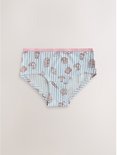 Lichtblauwe hipster met verticale roze en witte strepen en een all-over print van bruine tekeningen van croissants, broodjes, drankjes en gebak. Roze rand.