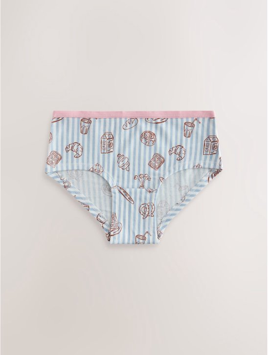 Lichtblauwe hipster met verticale roze en witte strepen en een all-over print van bruine tekeningen van croissants, broodjes, drankjes en gebak. Roze rand.