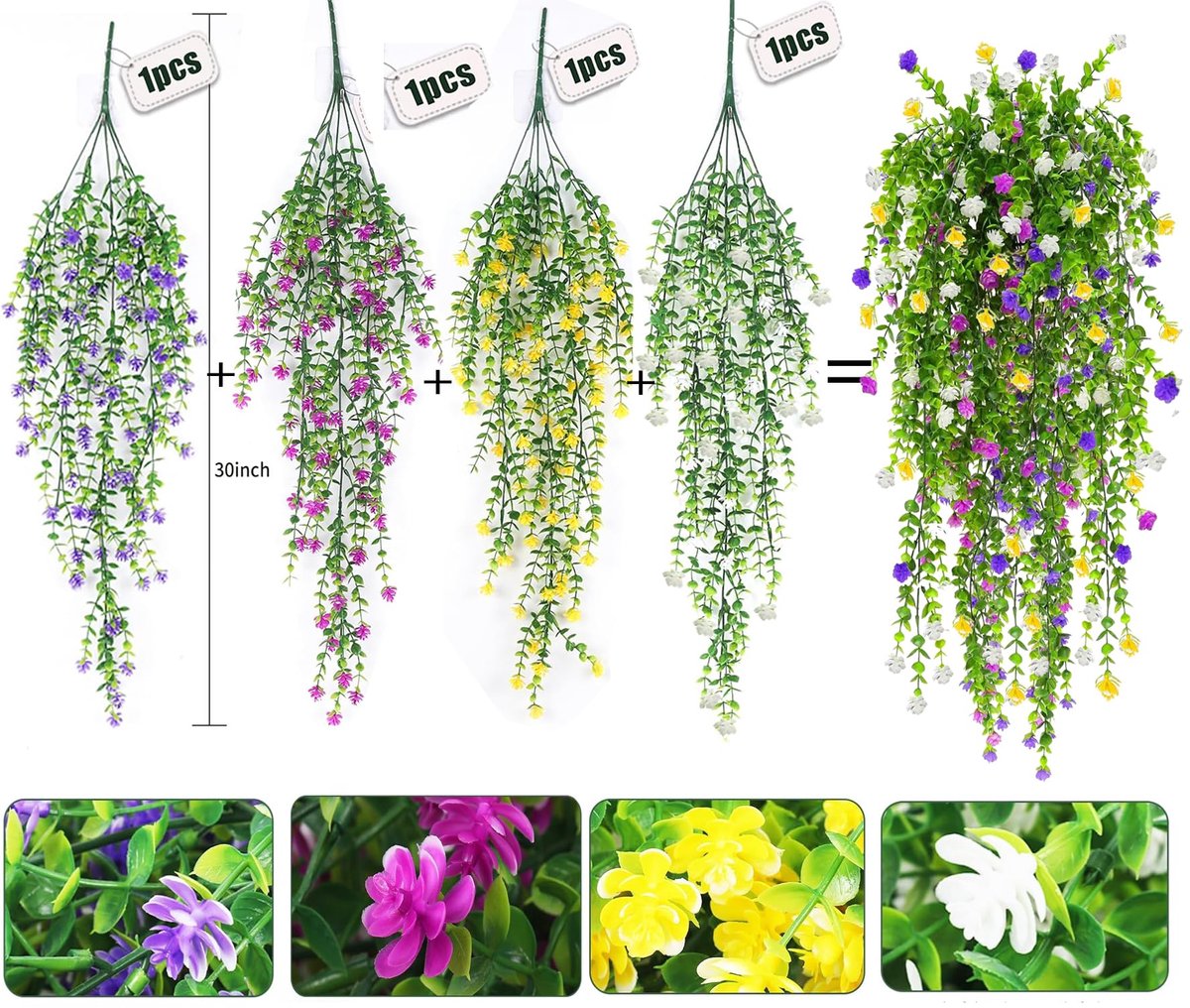 SnelShoppen - 4 Bundels Kunstbloemen en Planten voor Buiten - UV-Bestendige Struiken voor Hangende Plantenbak - Namaakplanten voor Tuin, Bruiloft, Ver