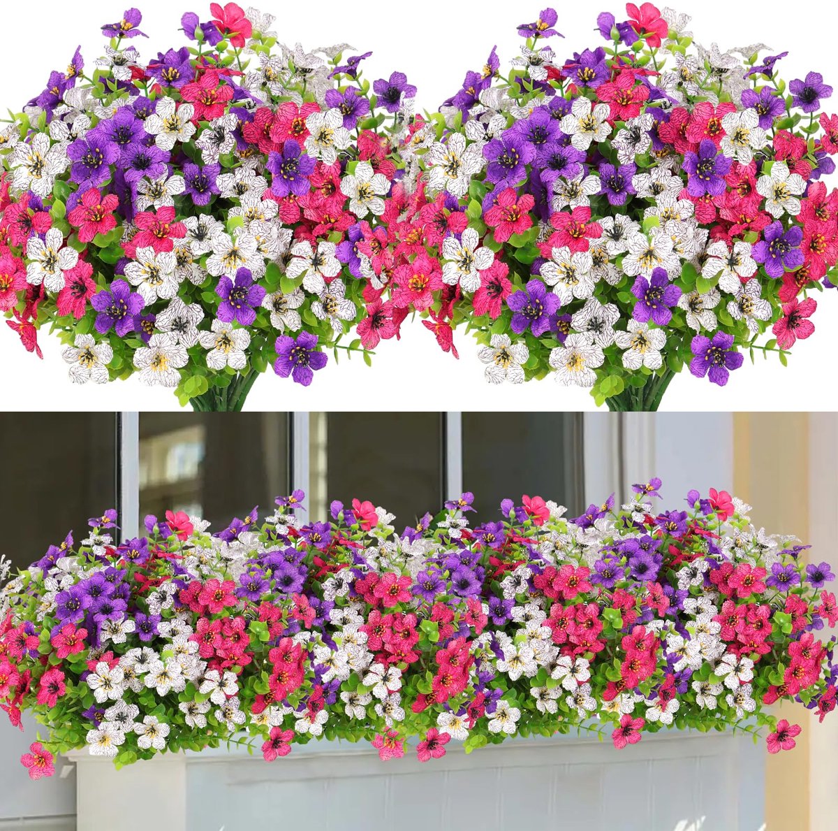 SnelShoppen - 9 Bundels Kunstbloemen UV-bestendig - Vervagen Niet - Kleurenmix Nepbloemen voor Tuin, Veranda, Kantoor en Vensterbank - Groene Kunstpla