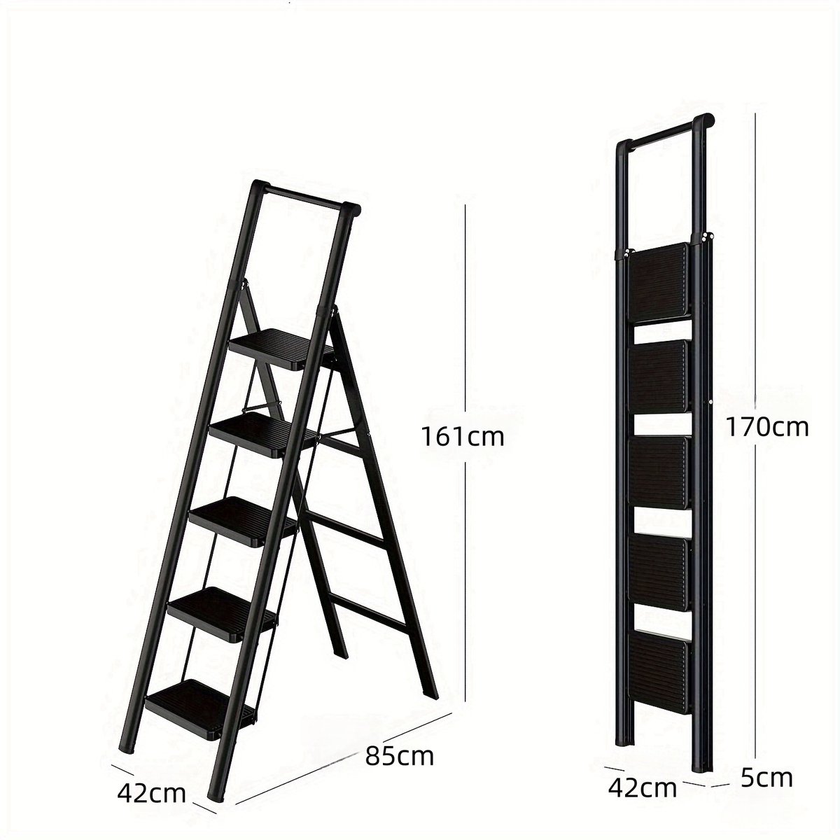 FloraGrace Ladder Opvouwbaar Met 5 Brede Antisliptreden En Handgreep - 161 Cm - Staal - Zwart - Voor Huis En Kantoor - Compact Opbergen