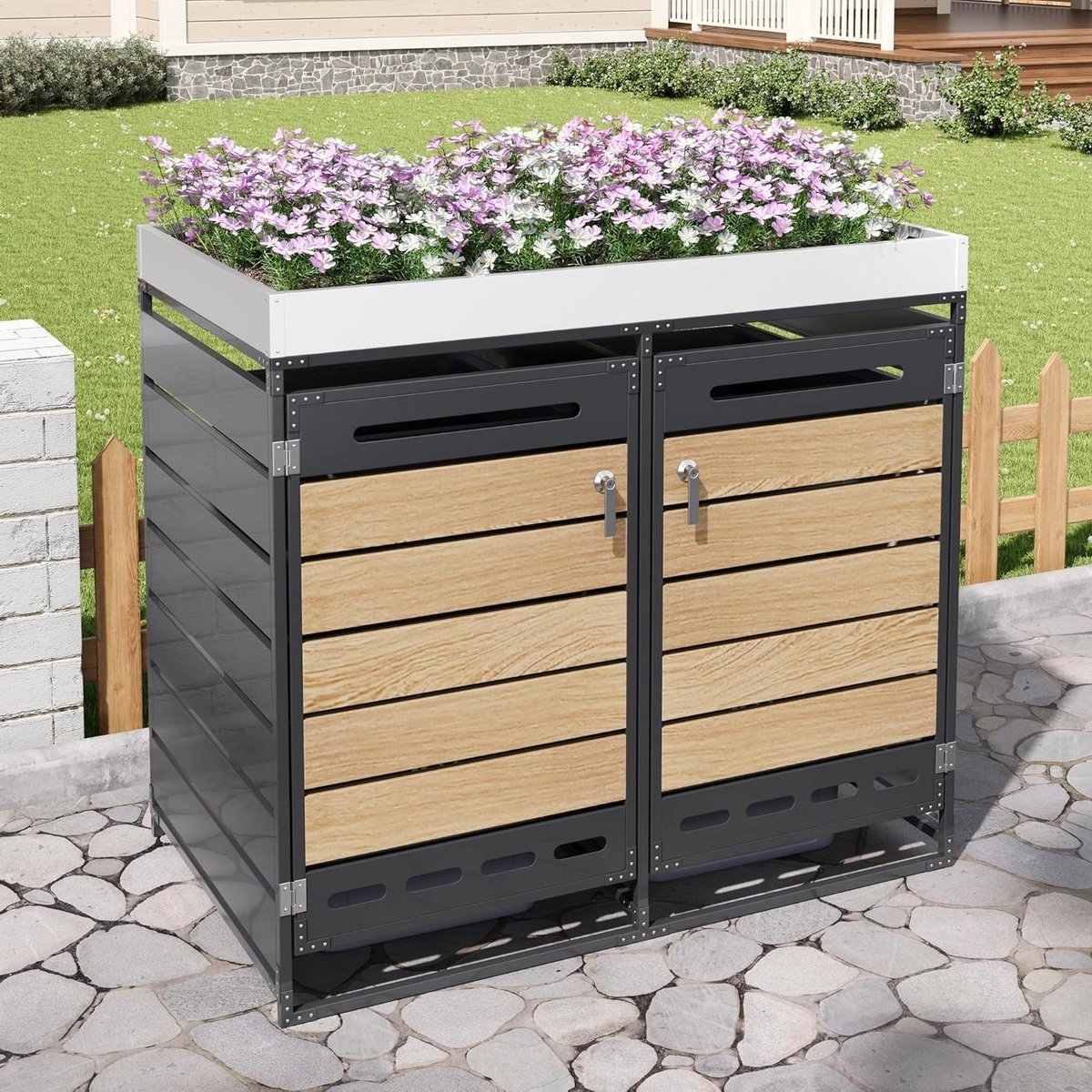 Vuilniscontainerbox met Plantenbak - Afvalbox Buiten - Tuin Opruimen - Horizontale Houtlook - 131 x 79 x 120 cm - Zwart
