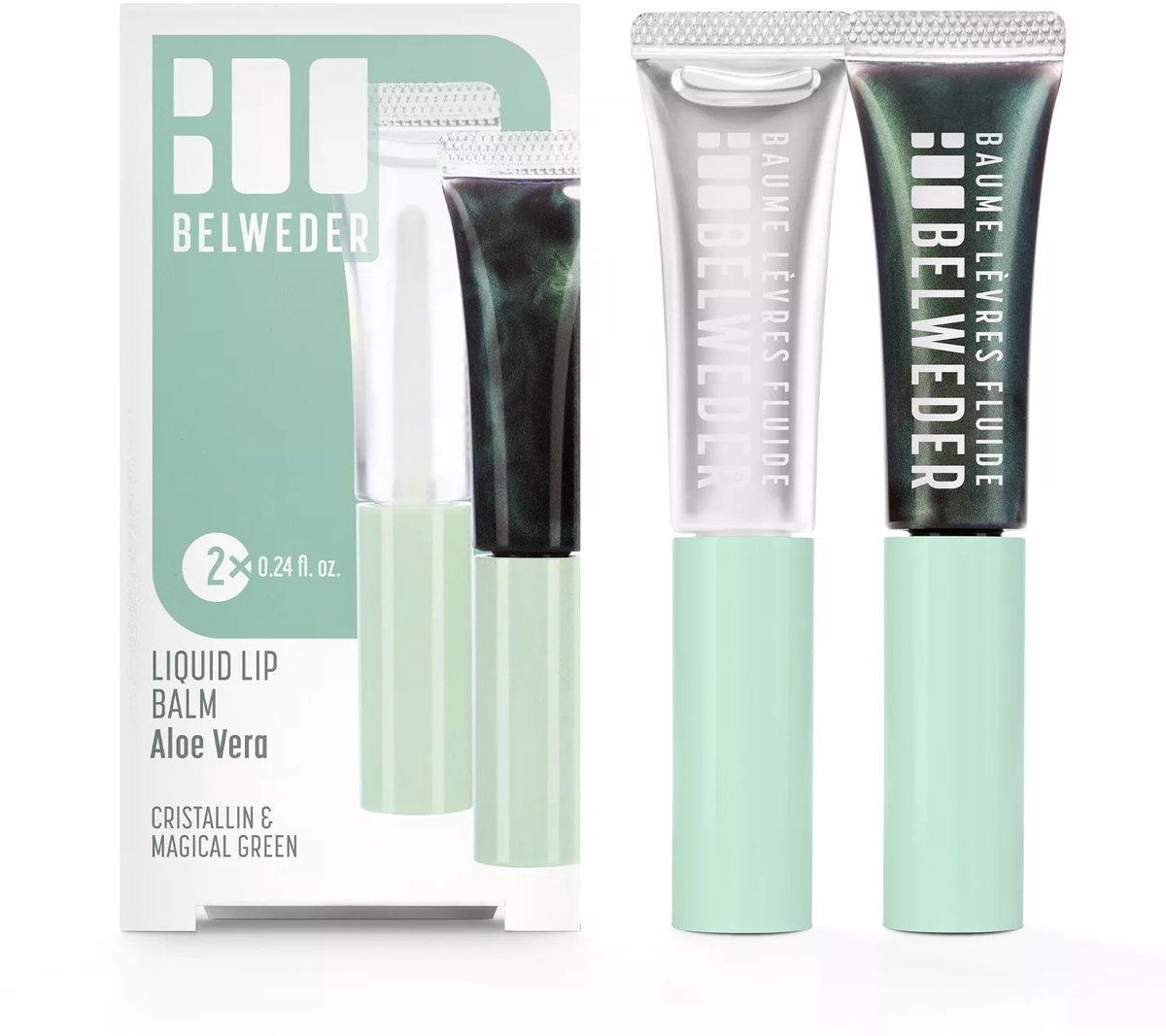 Belweder - 2 Vloeibare Lippenbalsems / Lipgloss met aloë vera-extract - 1 Kristal Helder en 1 Magisch Groen naar roze verkleurend - Met applicator - In doosje verpakt