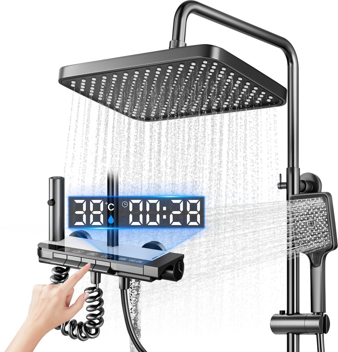 SnelShoppen - Douchekop en Slangset met LED, Regendouche 27x17,5 cm, Verstelbare Douchekolom 69-103 cm, Extra Mondstuk en Kraan, Grijs - Perfect voor