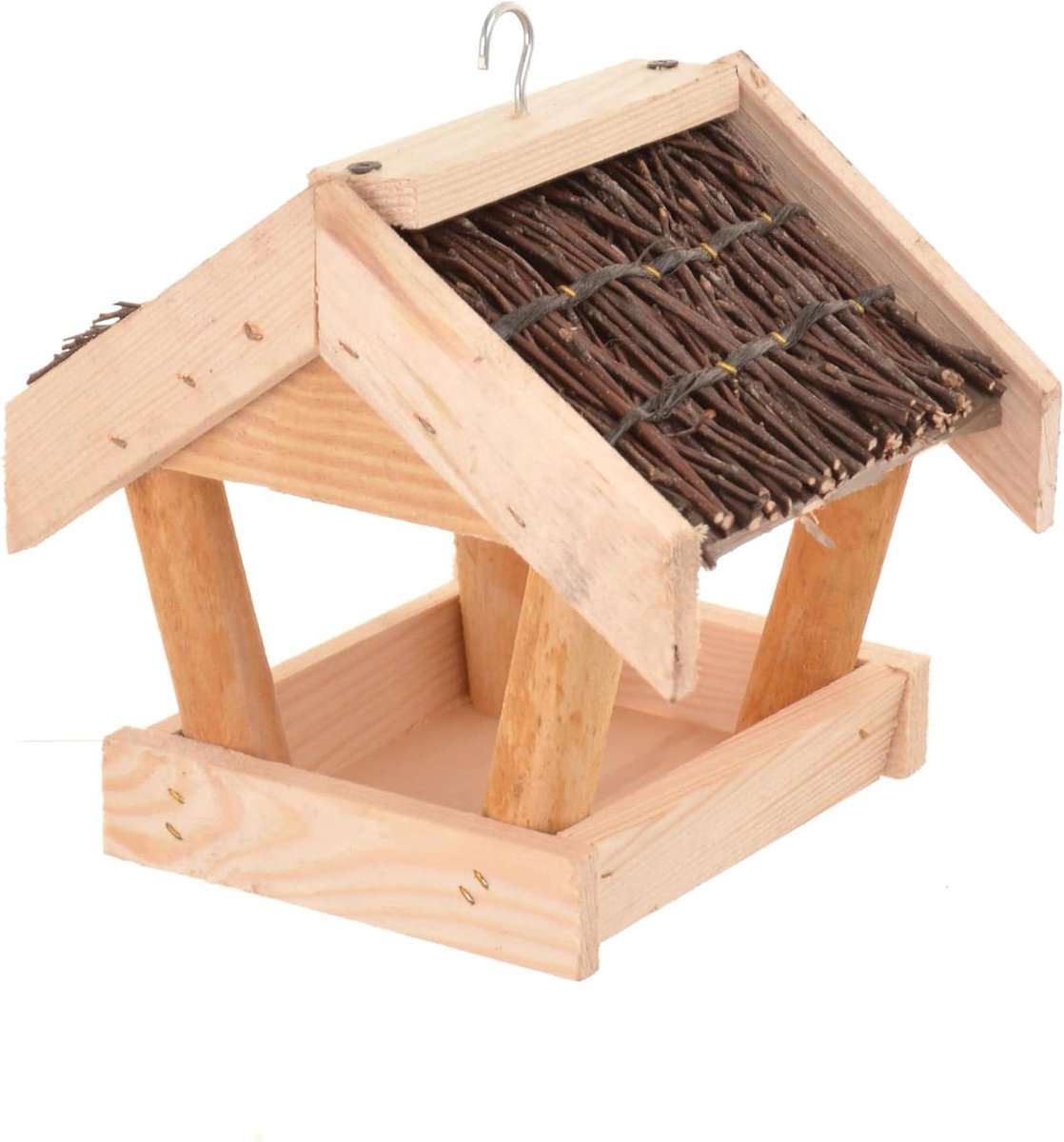 Vogelvoederhuis Hout - Hangend Voerhuis - Vogels Voeren - Natuurlijk Dak - 20 x 19 x 17 cm - Natuurlijk