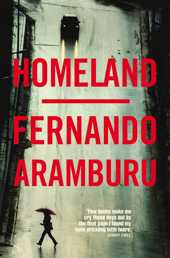 Boekcover met de rode tekst "HOMELAND FERNANDO ARAMBURU". Een auto rijdt op een natte weg en een persoon loopt met een paraplu.