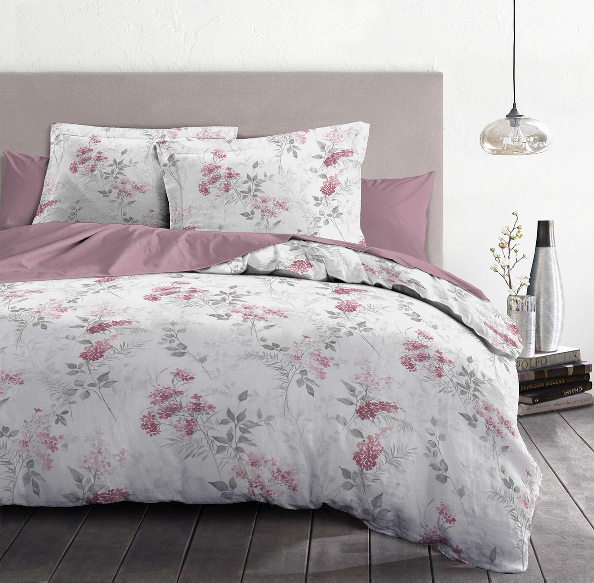 SnelShoppen - Dekbedovertrek 140x200 cm, 2-delig, 100% Katoen, 57 Draden, Pompadour Roze en Gebroken Wit, Voor 1 Persoon, Perfect voor Slaapkamer, Fee