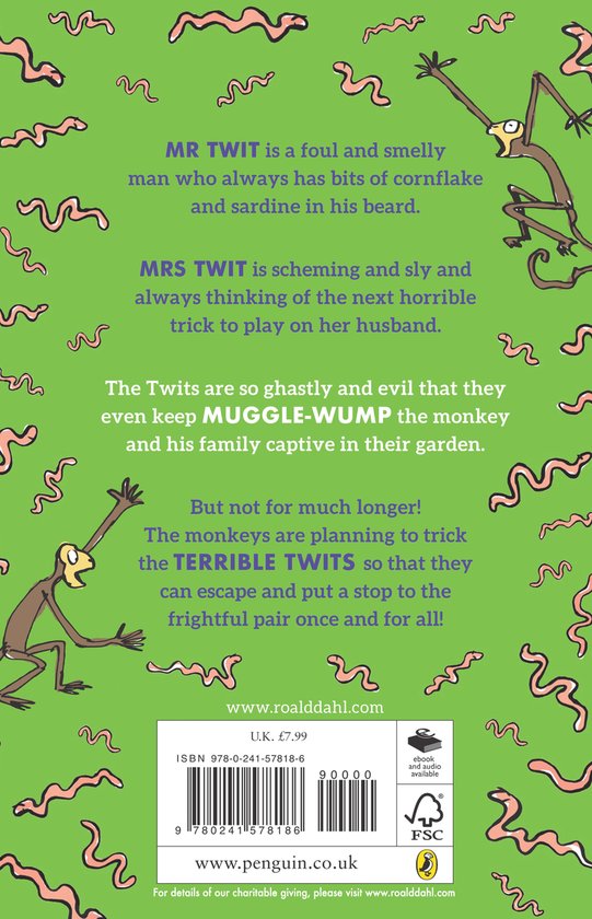 Achterkant van "The Twits" boek, met illustraties van Mr en Mrs Twit, een aap en informatie over het verhaal en de auteurs.