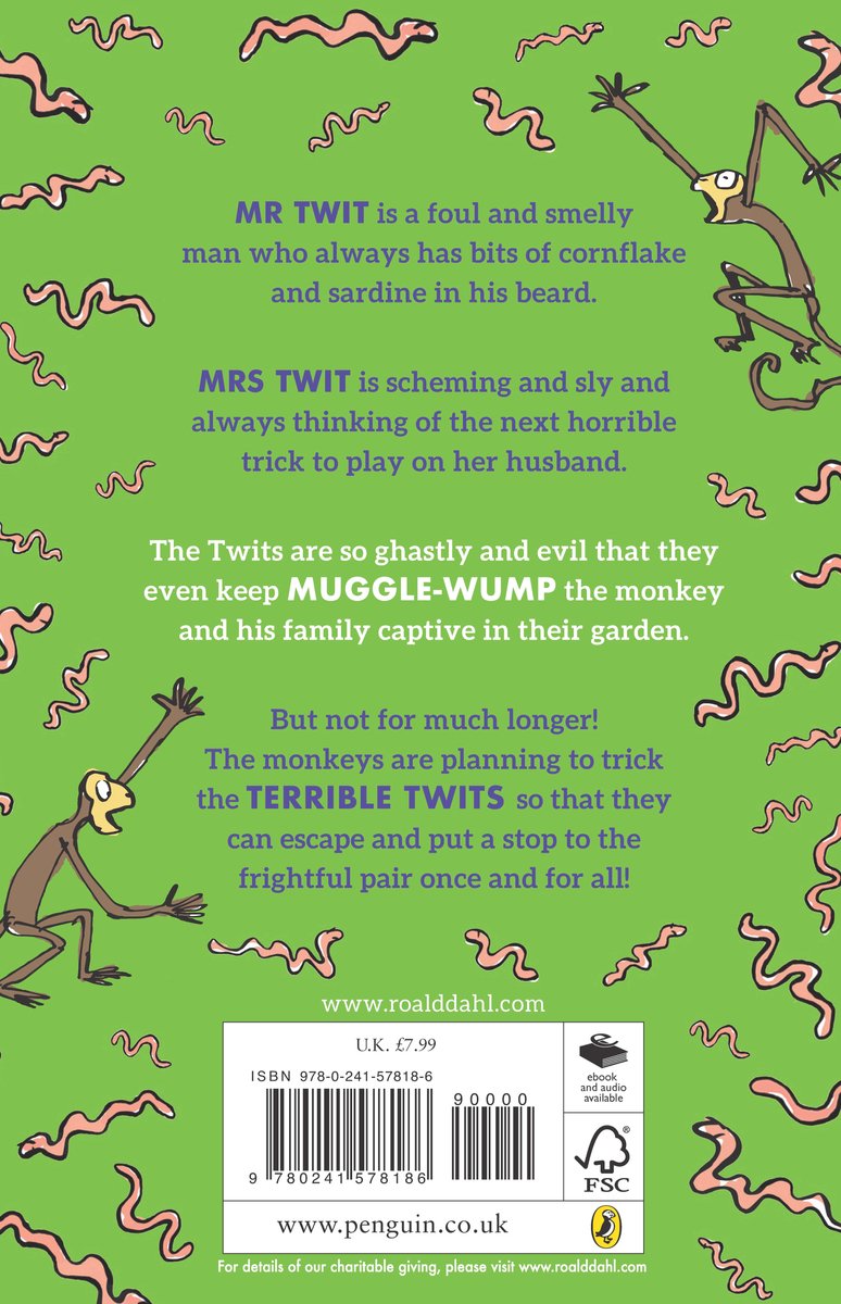 Achterkant van "The Twits" boek, met illustraties van Mr en Mrs Twit, een aap en informatie over het verhaal en de auteurs.