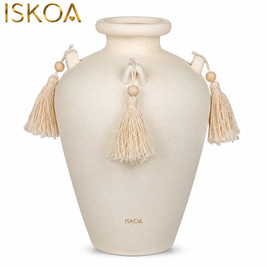 Beige keramische vaas met kwastjes, 24 cm - decoratieve boho vaas voor bloemen