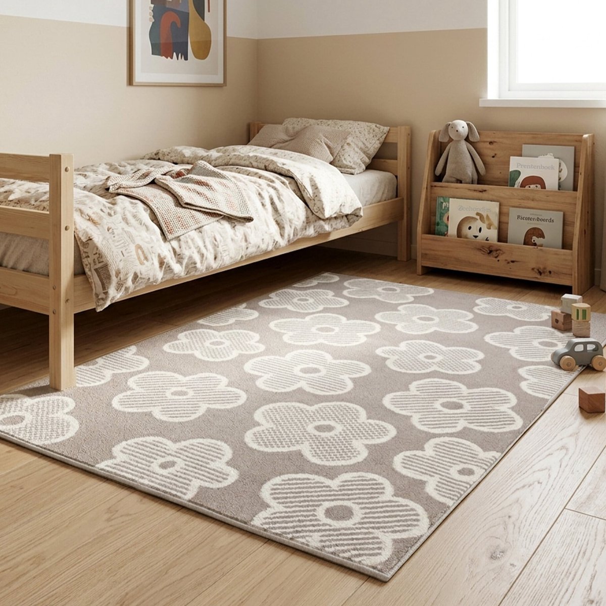 Little Olly Kinderkamer vloerkleed - Bowie Bloem Taupe - 80x150cm