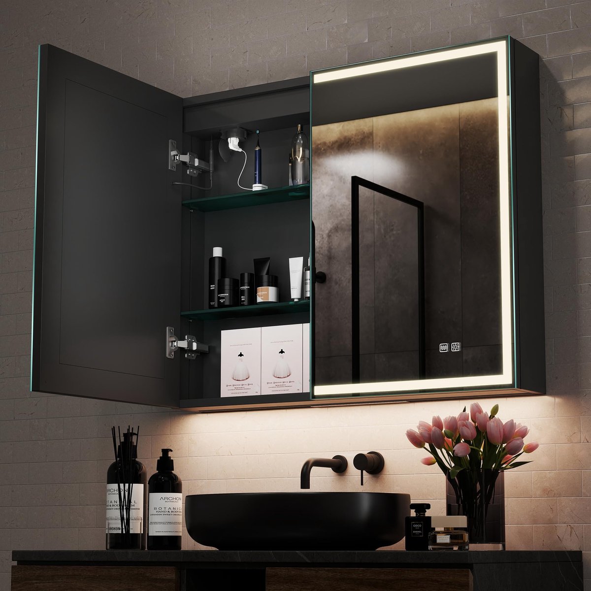 SnelShoppen - Spiegelkast Badkamer met LED Verlichting 80x60 cm - Zwart Mat Aluminium - Dimbaar met 3 Lichtkleuren, IP44, Soft-Close & Stopcontact - A