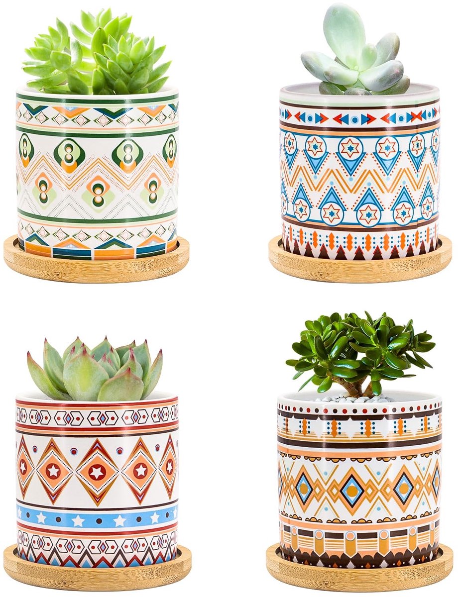 Dailygoods - Set van 4 Succulents Pot 7.5cm - Keramische Cactus Potten met Bamboe Tray