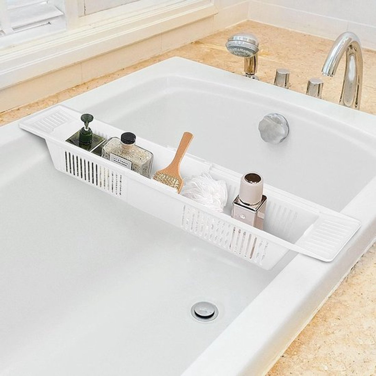 Badkuiplade Intrekbaar - Badopbergrek - Badspeelgoedorganizer - Opbergmand - Voor Shampoo/Douchegel - Afmetingen 57/90 x 14,5 x 10 cm - Badkameropbergrek