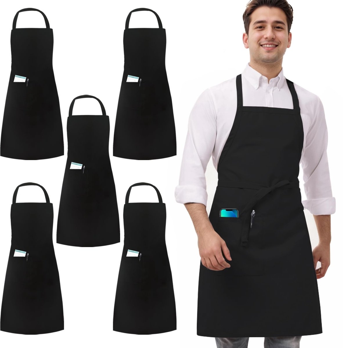 Dailygoods - 5-pack Zwart Wit Schorten voor Koks - Professionele Schorten met Zak voor Volwassenen