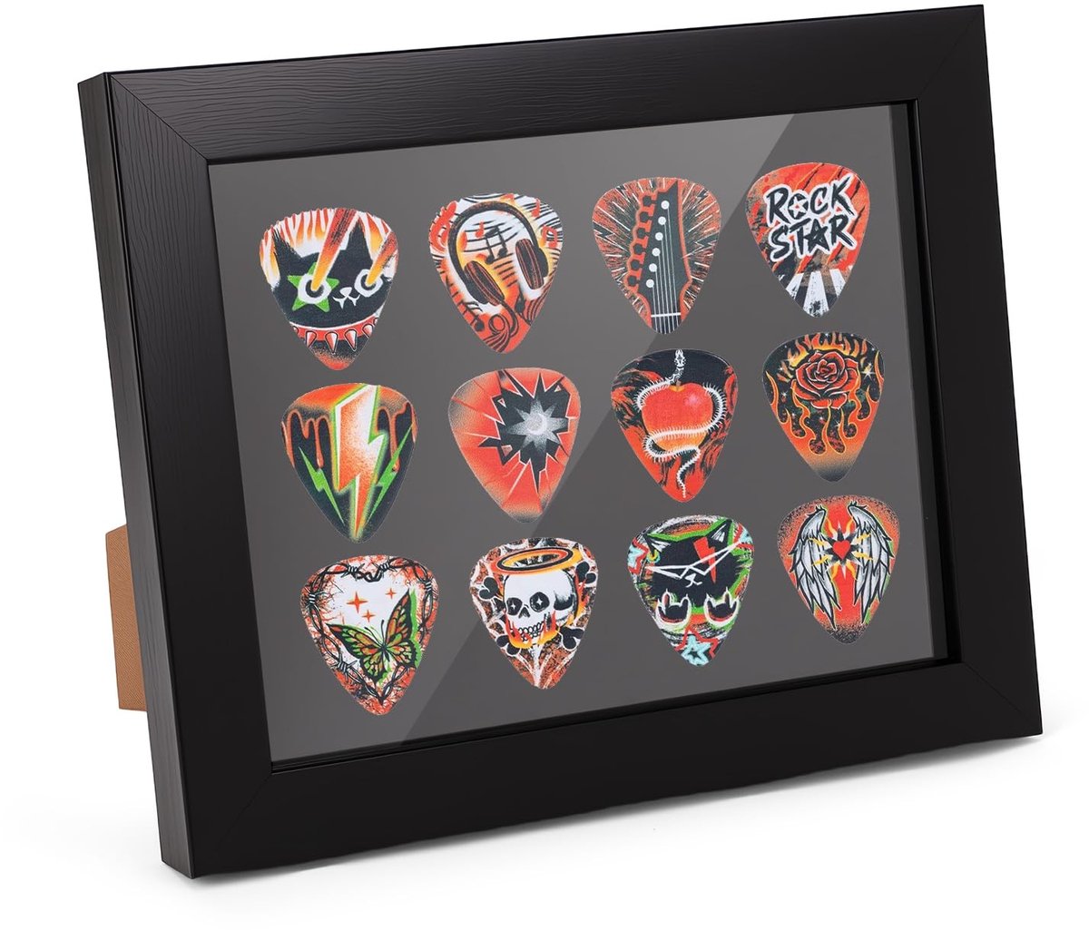 Dailygoods- Gitaarplectrum Displayframe - Vitrine met 12 Inlegvakken - Bureaublad/Muur Monteerbaar - Geschenken voor Gitaristen - 17 x 21 cm - Comfortabele Huishoudelijke Producten - Gitaarpickhouder