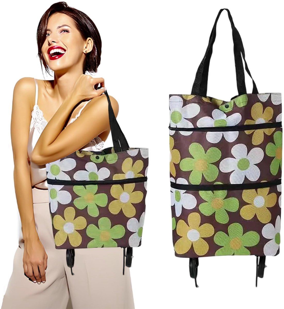 Dailygoods - Vouwbare Winkelwagen met Oxford Katoenen Tas - Multifunctionele Trolley (Koffieprint)