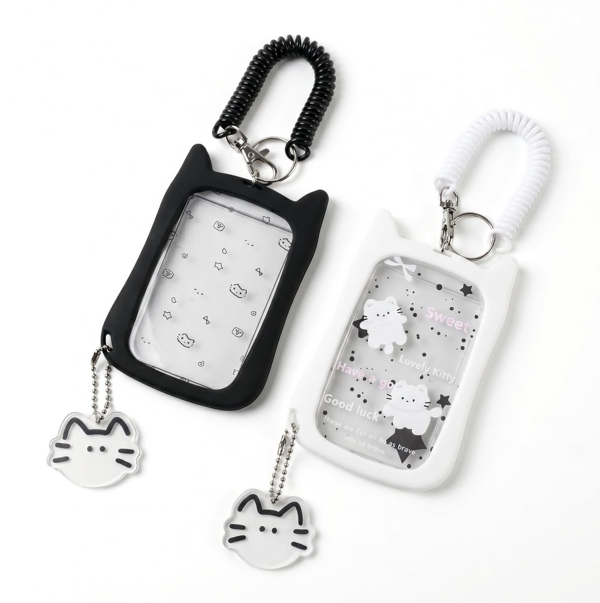 Dailygoods- Fotokaarthouder Set van 2 - Transparant Kunststof - Kattendesign - Intrekbare Sleutelhanger - Voor Studenten/Kpop-fans - Betrouwbare Bescherming - Kaarthouder