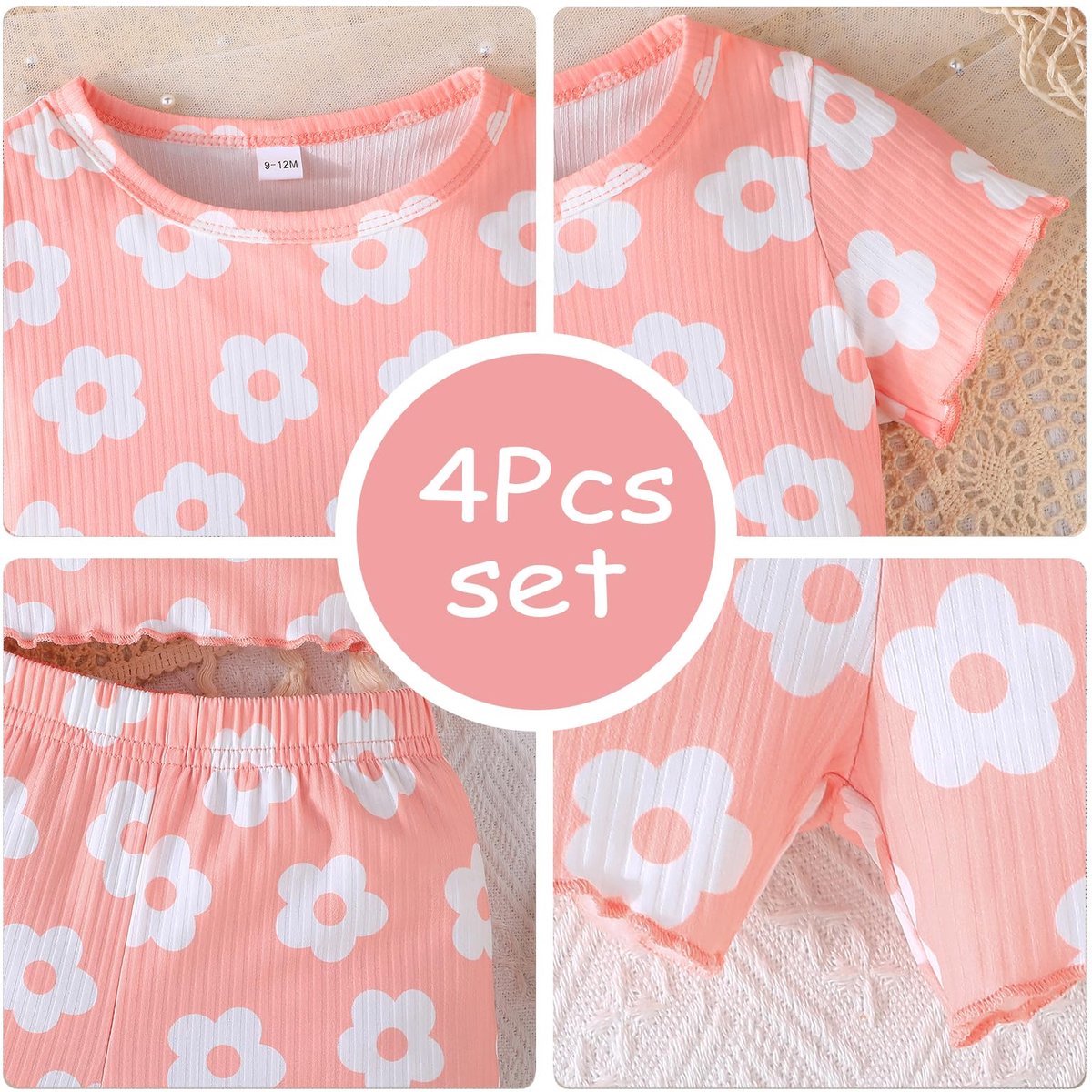 SnelShoppen - 4-delige set meisjes zomer herfst T-shirts en broeken korte mouwen roze, casual huiskleding 9-12 maanden, bloemenprint en effen ontwerp