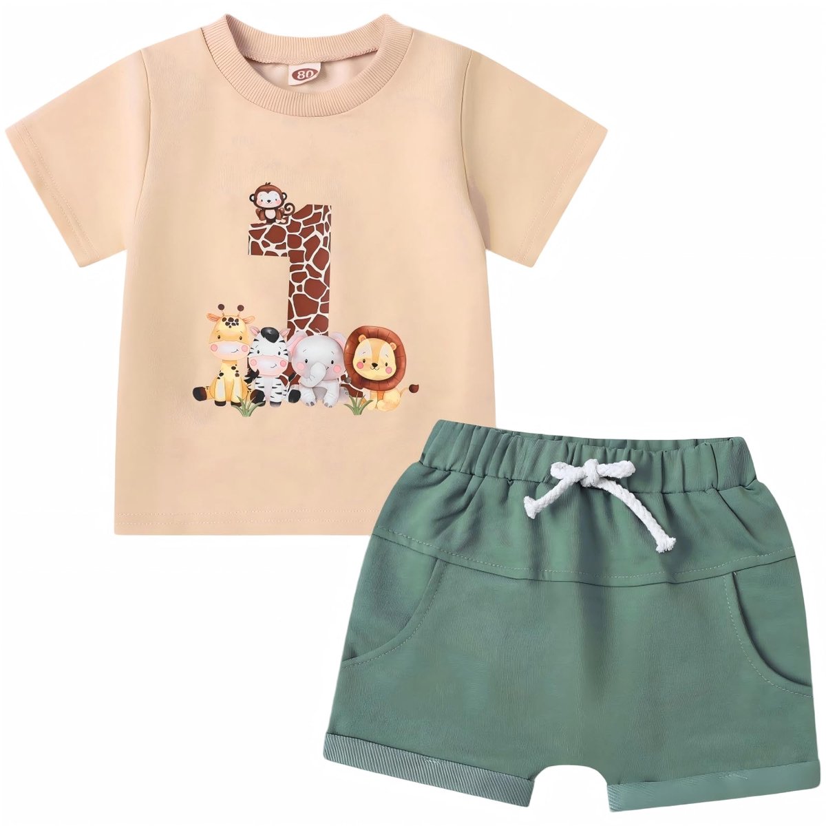 SnelShoppen - Feestoutfit voor Baby's Jongens 1 Jaar - Korte Mouwen Dierenprint + Broek - Verjaardagscadeau 12-18 Maanden - Beige Kleur - Perfect voor
