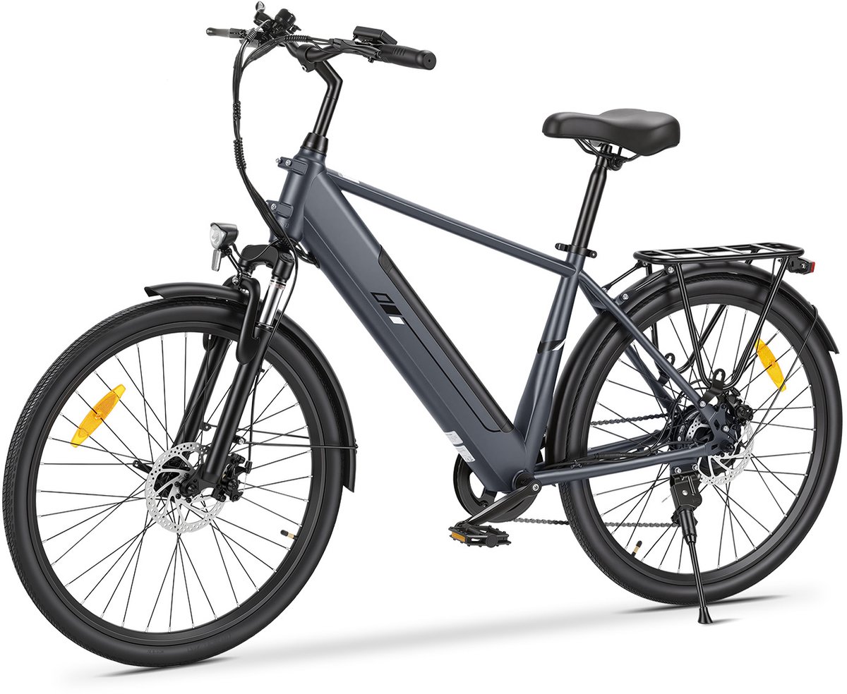 Touroll J2 hoog instap elektrische fiets 26 inch-250W achterwielmotor 45Nm-Shimano 7 versnellingen-561,6Wh losneembare accu tot 100km actieradius-60mm voorvering-dubbele schijfremmen met e-rem max 120kg-Grijs