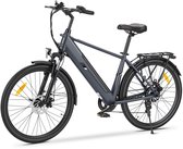 Grijze Touroll J2 elektrische fiets met vering en bagagedrager, staand.