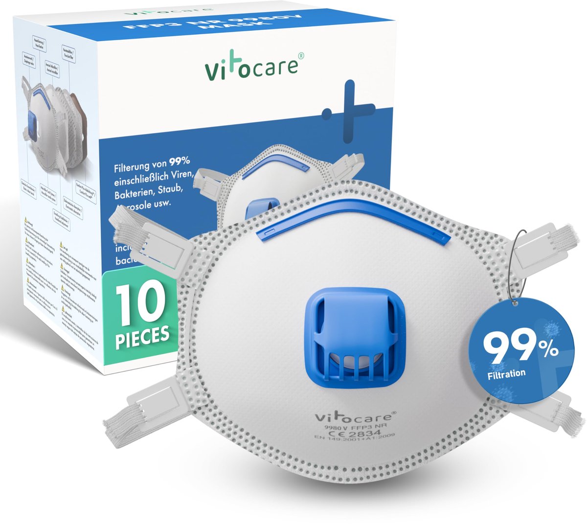 SnelShoppen - FFP3 masker met ventiel, adembeschermingsmasker, verstelbare neusbeugel, ergonomisch stofmasker, keuze uit 5, 10 of 20 stuks, mondbesche