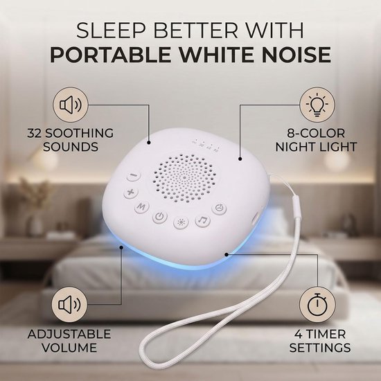 Witte Ruismachine - Slaaphulpmiddel Geluidsmachine - Rustgevend Slapen - 32 Geluiden Nachtlampje - 800 mAh Oplaadbaar - Wit — afbeelding 5