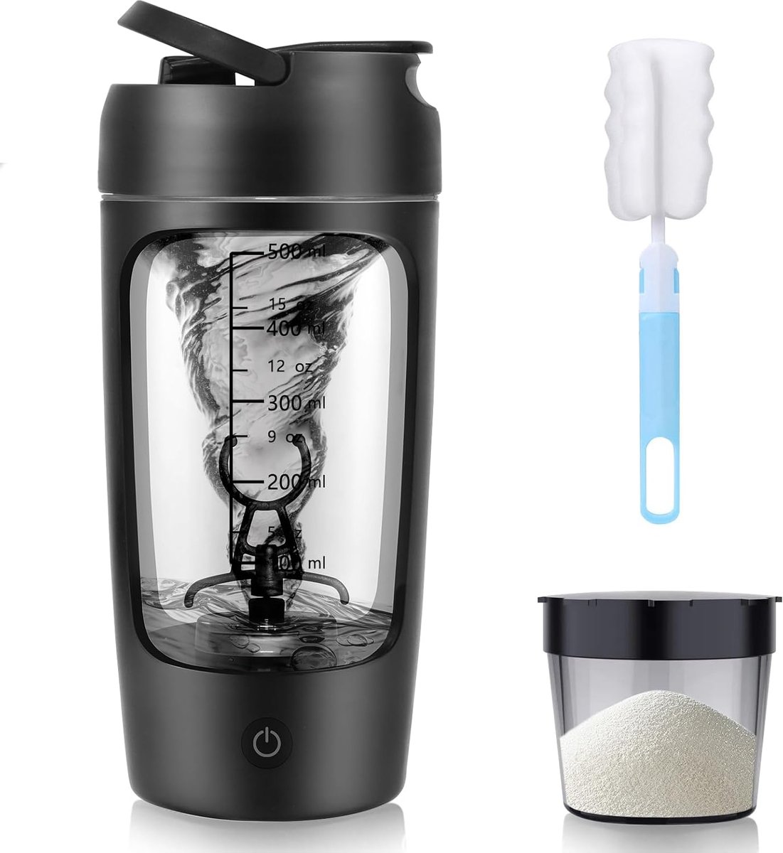 Bobypet - Elektrische shaker, 650 ml elektrische shaker met poedervak, elektrische eiwitshaker voor eiwitpoeder en milkshakes, BPA-vrij, oplaadbaar via USB-C, zwart