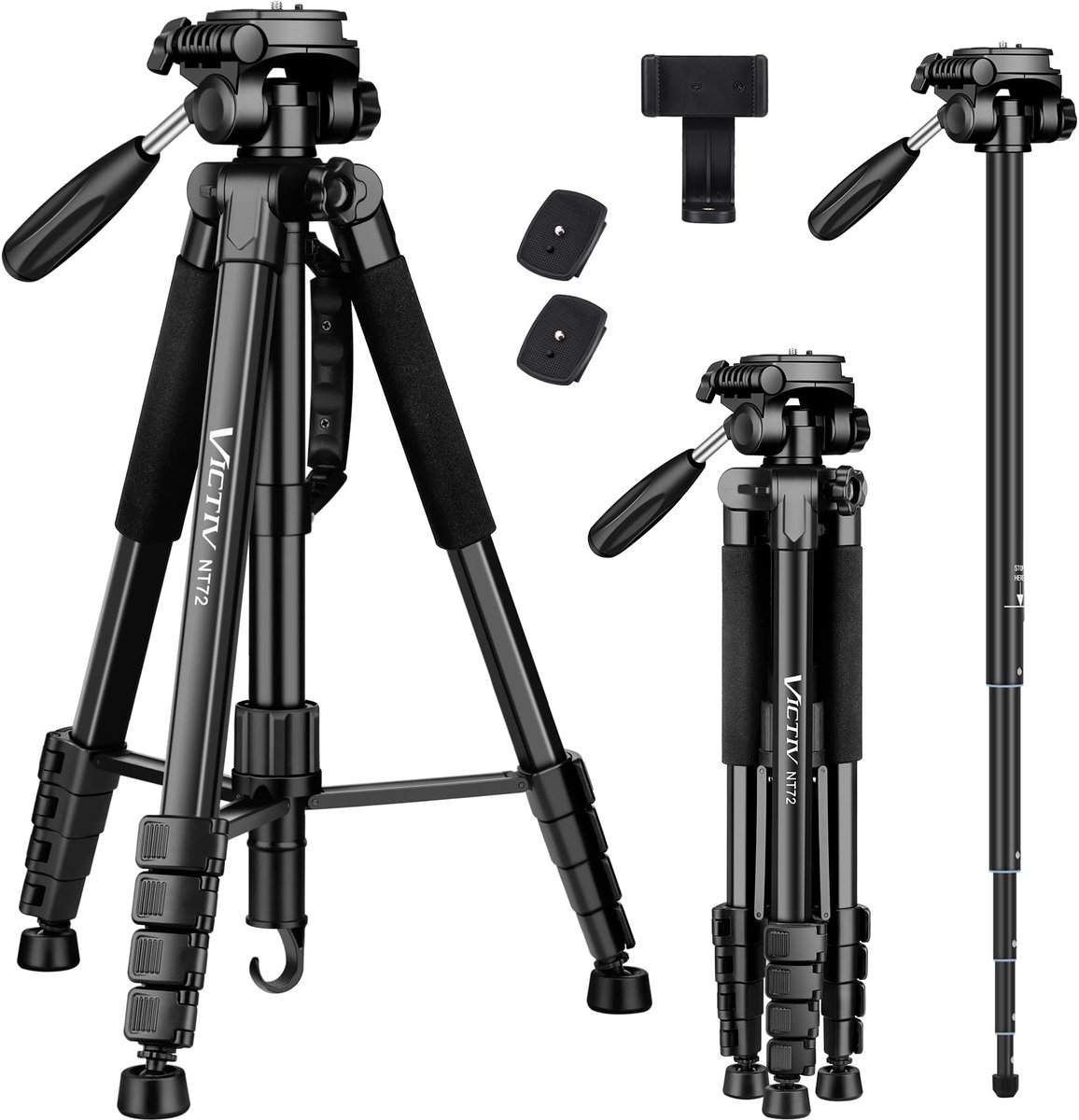 SnelShoppen - 72" Camera Statief Aluminium Monopod T72 - Max. Hoogte 182cm - Lichtgewicht en Compact voor Reizen - 3-weg Swivel Head - 2 Quick Release
