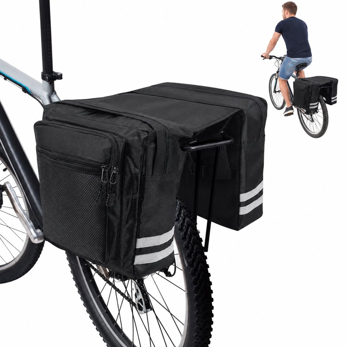 VHV - Fietstas Bagagedrager 30L - Dubbele Achtertas van 600D Oxford - Reflecterend voor Toerfiets en Mountainbike