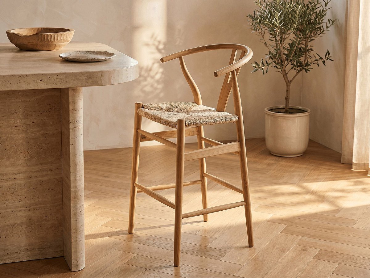 Vente-unique Barkruk in teak en stro - Naturel - POGIANA