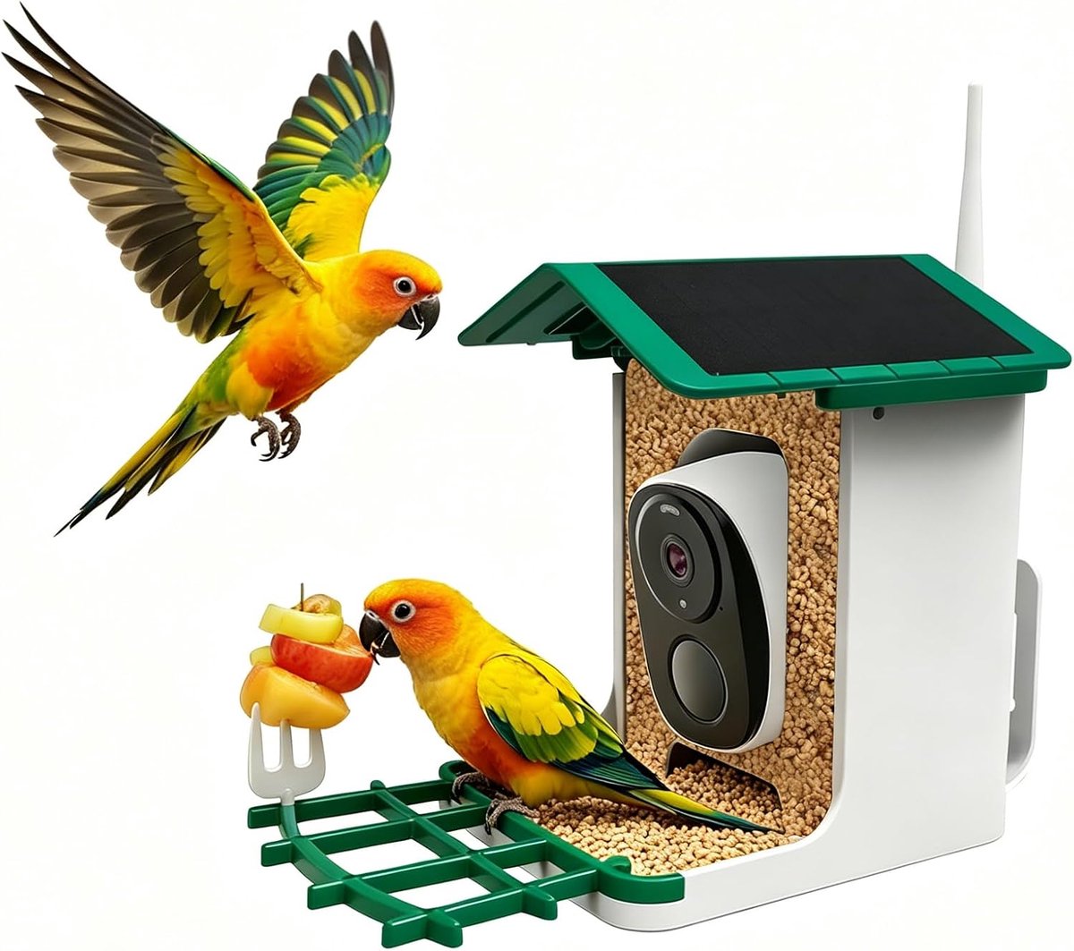 Slimme vogelvoeder met camera, werkt op zonne-energie en heeft AI-vogelherkenning, 3MP Ultra HD, 2,4 GHz wifi, 2,1 liter inhoud, IP65 waterdicht, inclusief mobiele afstandsbediening en nachtzicht in full-color.
