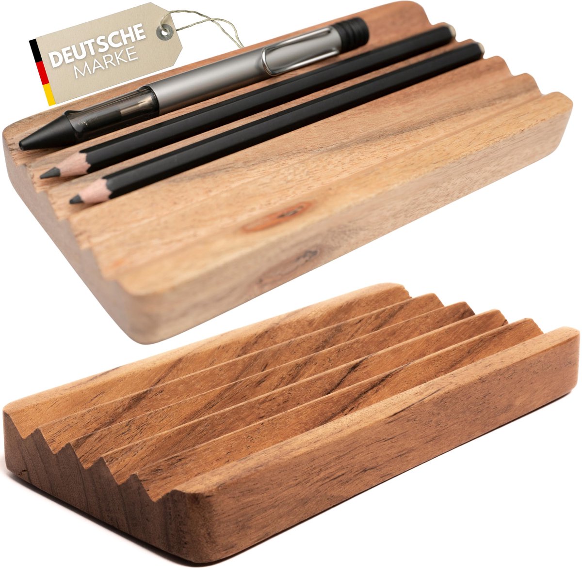 SnelShoppen - Set van 2 Houten Pennenbakjes Acacia 18 x 9 cm, Handgemaakte Pennenschaal, Bureauplank, Penseelhouder voor Kantoor en Thuisgebruik