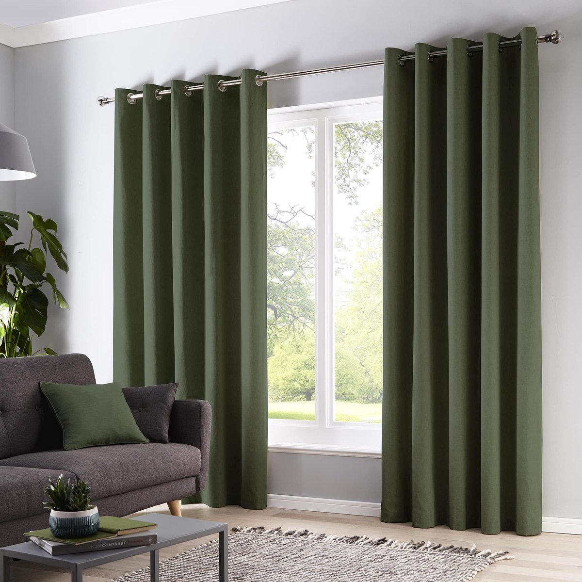 SnelShoppen - Fusion Sorbonne Olijfgroene Gordijnen met Ringen, 228 x 228 cm, 100% Katoen, Thermische Gordijnen voor Slaapkamer of Woonkamer, Deurgord