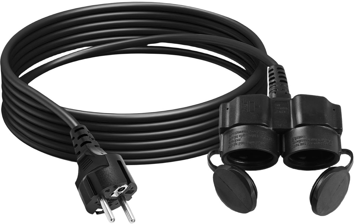 SnelShoppen - Verlengkabel Outdoor 3 m met Dubbele Stekker, IP44 Geaarde Stopcontacten, Rubber Stroomkabel voor Tuin, Bouwplaats en Feest