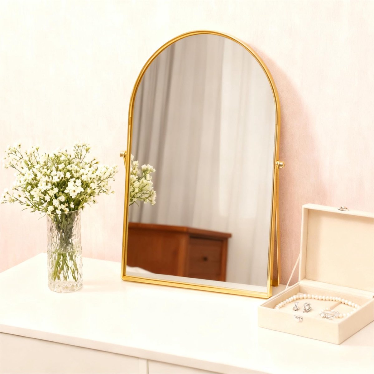 SnelShoppen - Gouden metalen spiegel kaptafel bureau boog make-up spiegel rotatie verstelbaar voor badkamer, woonkamer, slaapkamer en tafelblad decora