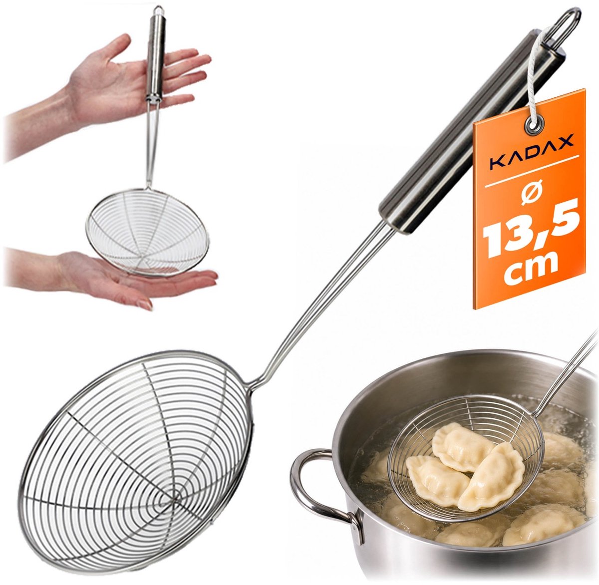 Kadax-gatenpollepel, kleine priem, stalen stempel met lange steel, filterlepel, lepel met gaten, pollepel, zeef, bleekduwer (zilver)
