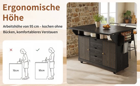 OKWISH Buitenkeuken Keukenwagen - Uitklapbare Zijtafels - 3 Lades En Opbergruimte - Verrijdbaar Met Rem - MDF En Metaal Zwart - 142,5×80×95 cm van okwish — afbeelding 4